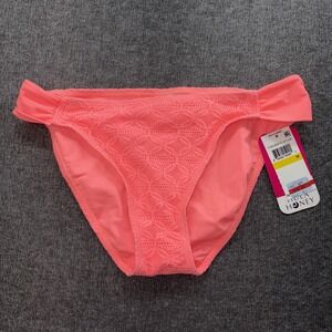 Hula Honey flamingo pink crochet hipster bikini bottom with ruched side tabs Med